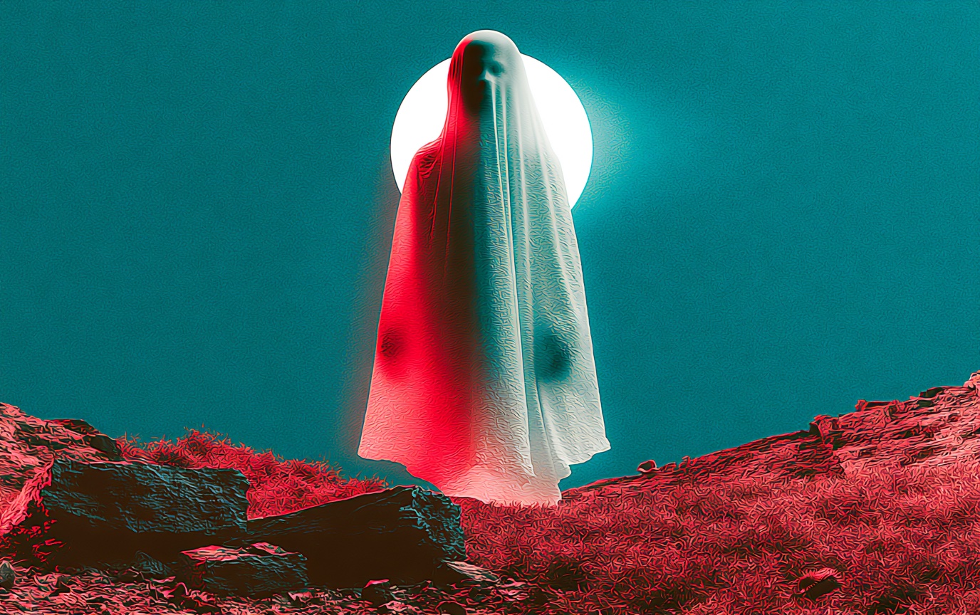 A sheeted ghost standing before a full moon, teal sky above red moorland